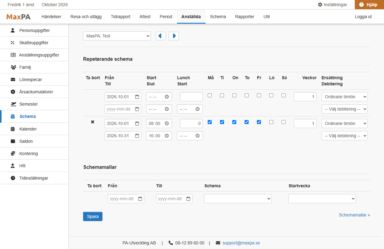Schema f�r en anst�lld